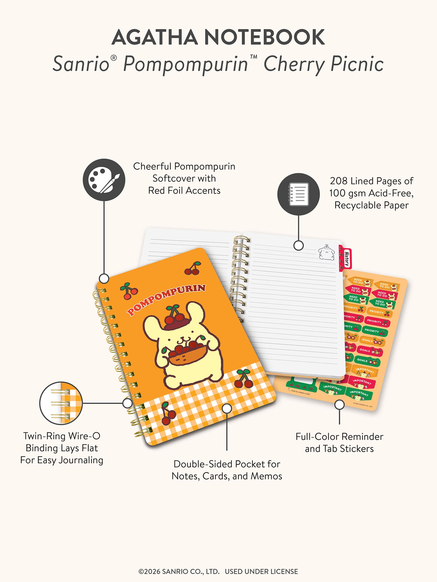 Sanrio Pompompurin Cherry Picnic Agatha Notebook with Pocket &amp; Stickers
