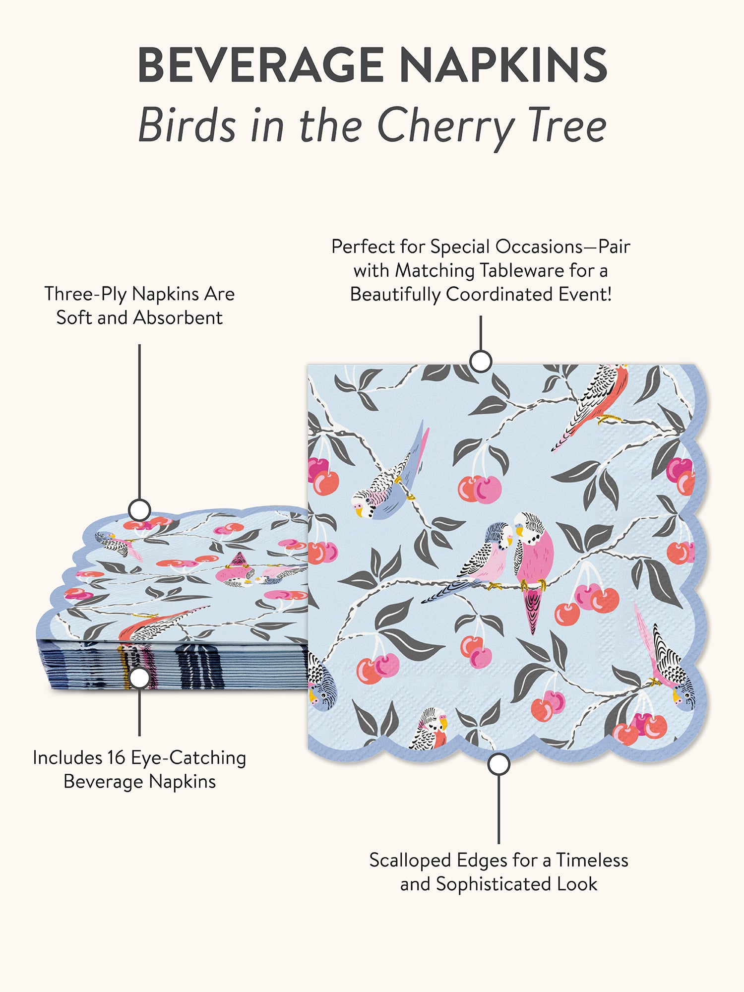 Birds in the Cherry Tree Scalloped Beverage Napkins - Thumbnail 5