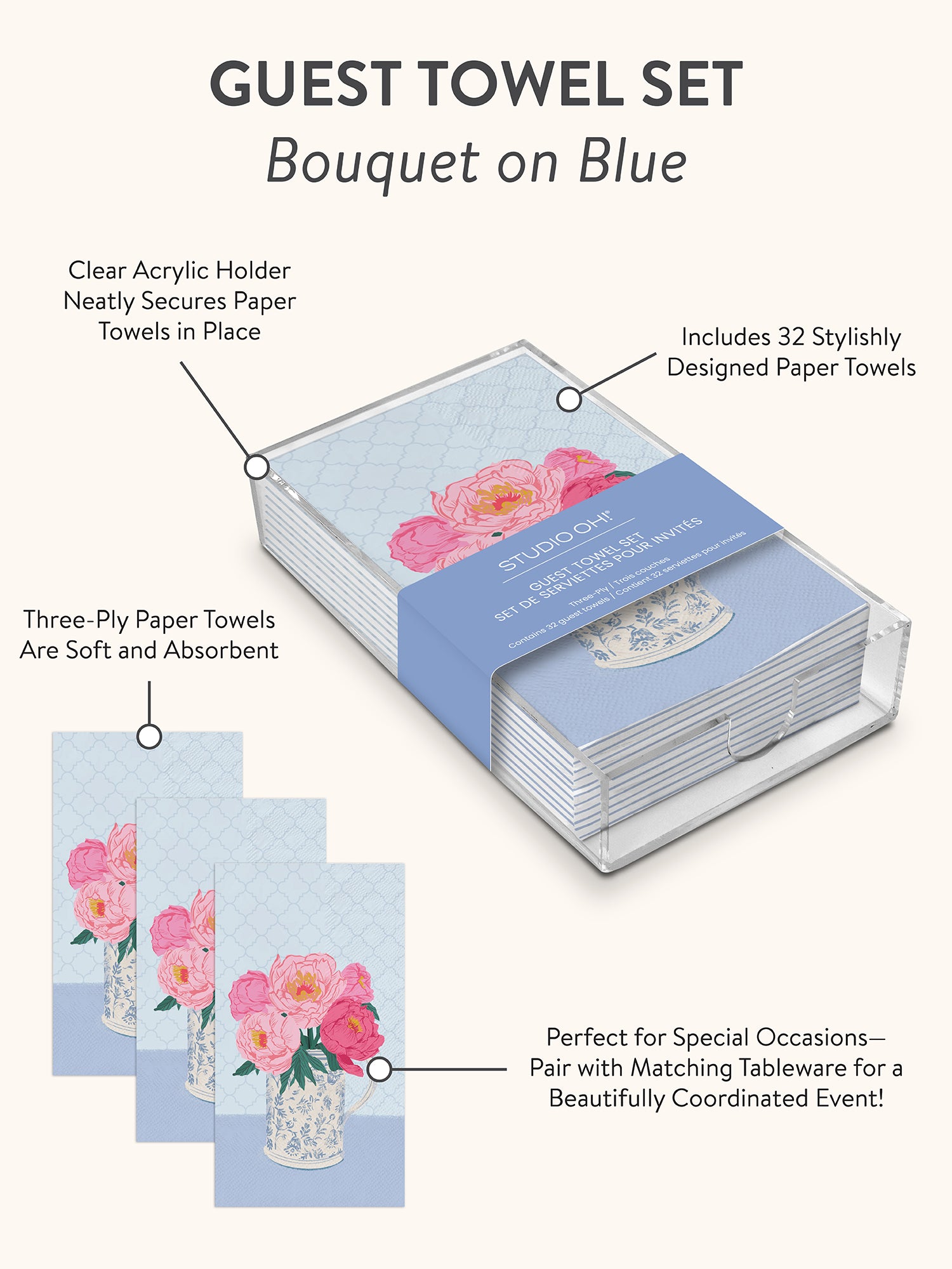 Bouquet on Blue Guest Towel Set - Thumbnail 3
