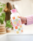 Checkerboard Blooms Glass Water Bottle with Straw