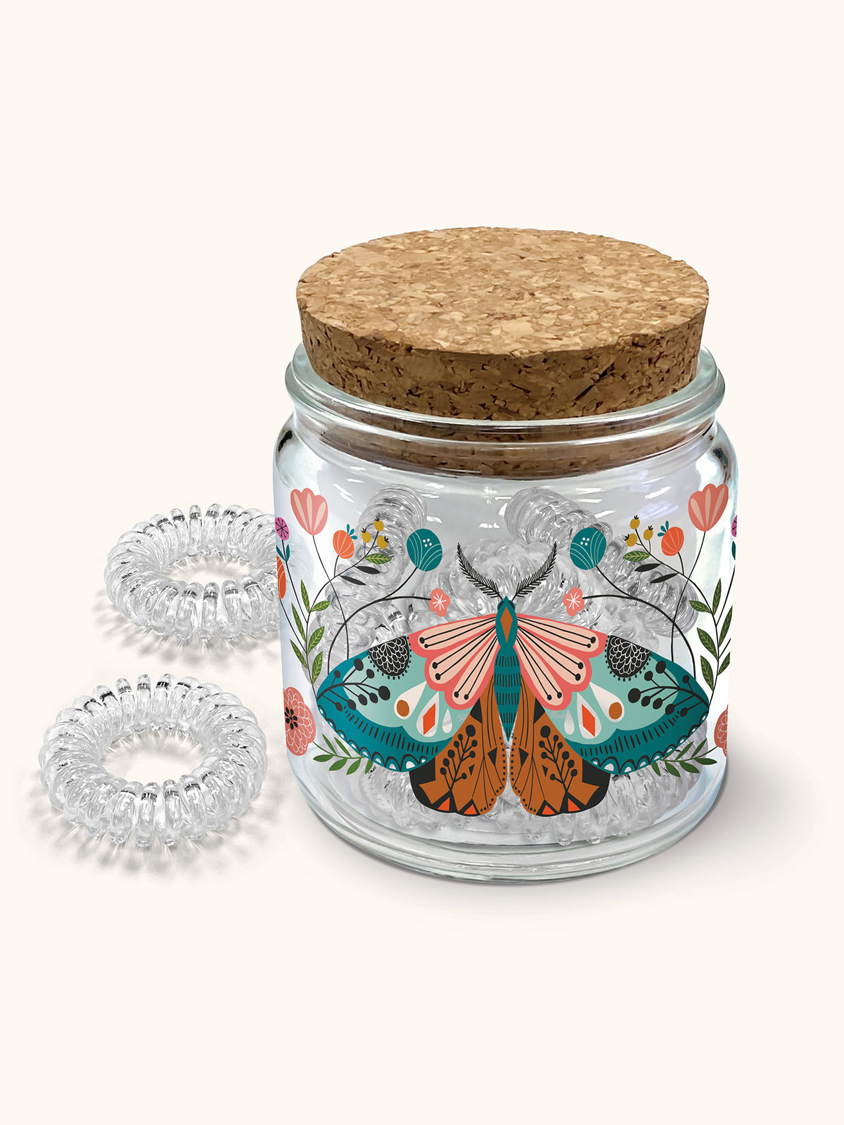 Floral Moth Spiral Hair Ties In Decorative Jar