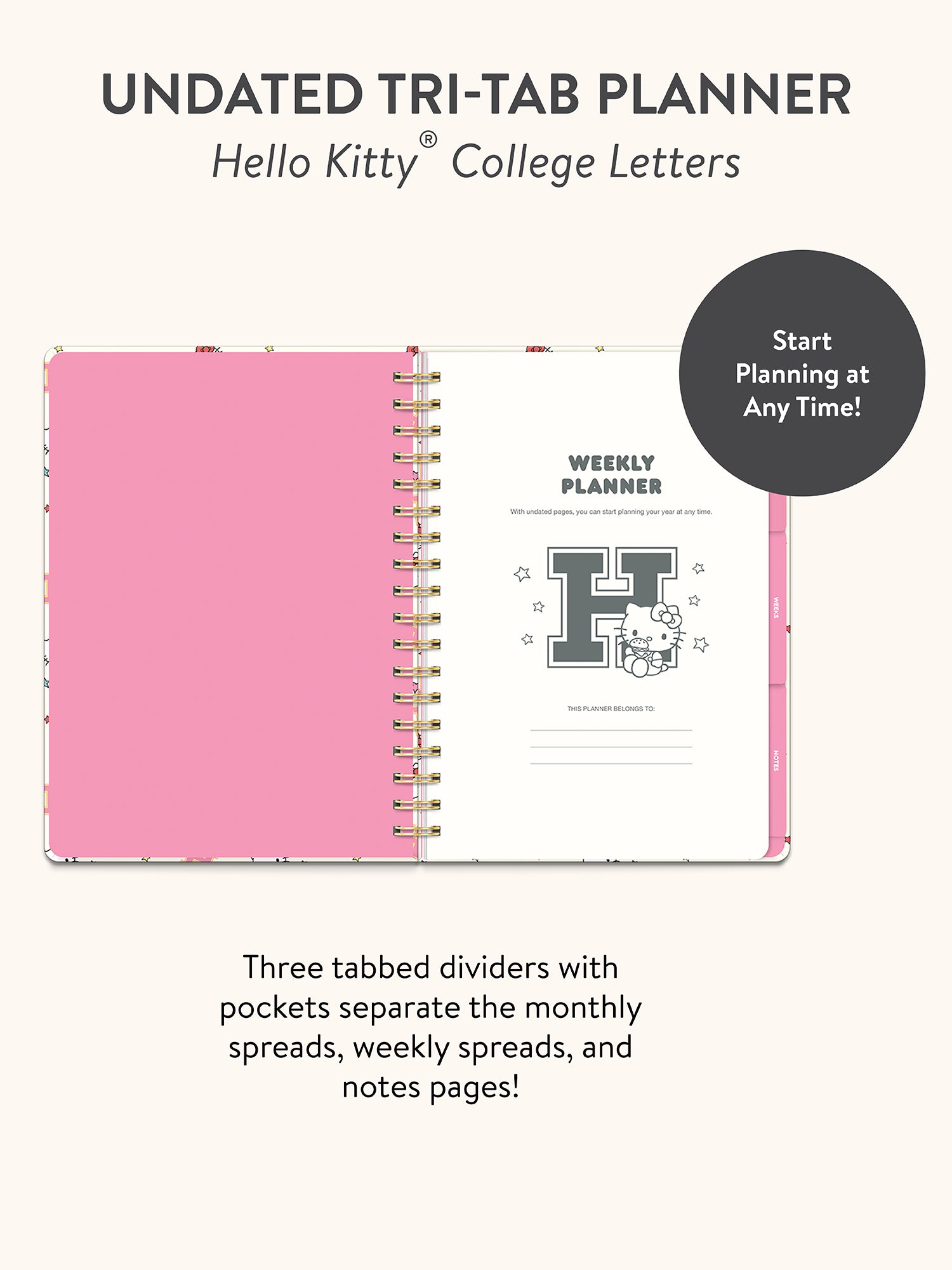 Hello Kitty College Letters Undated Tri-Tab Planner