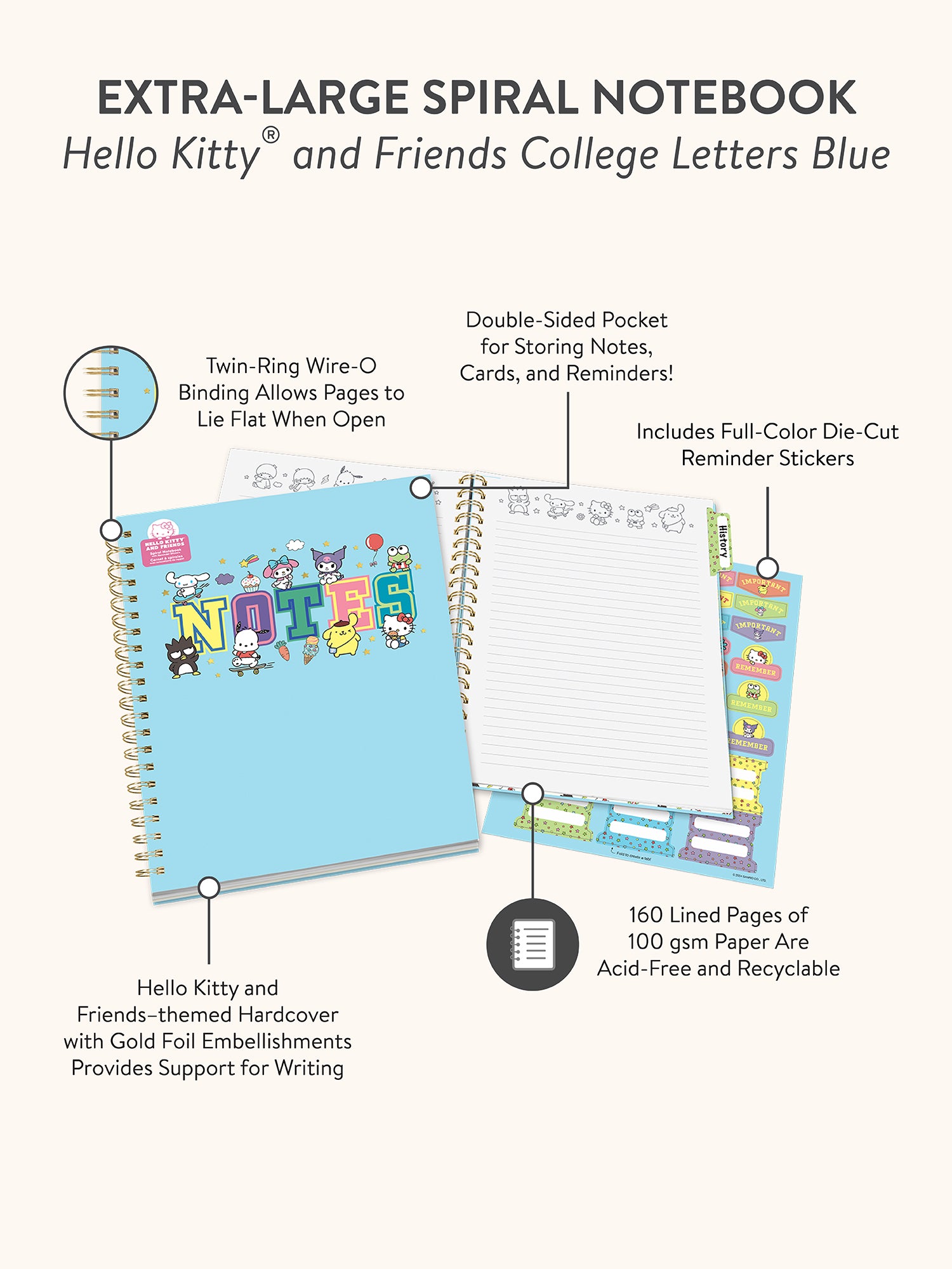 Hello Kitty and Friends College Letters Blue Extra-Large Spiral