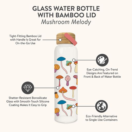 Mushroom Melody Glass Water Bottle with Bamboo Lid