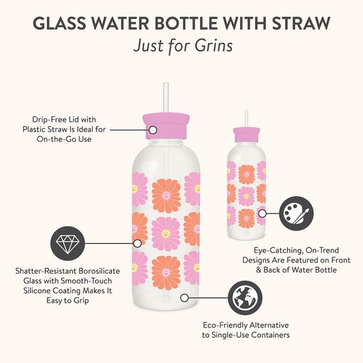 Just for Grins Glass Water Bottle with Straw