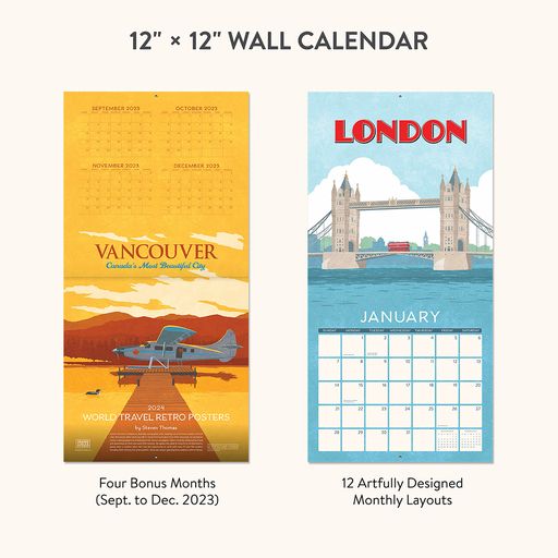 World Travel Retro Travel Poster Art 12" x 12" Wall Calendar