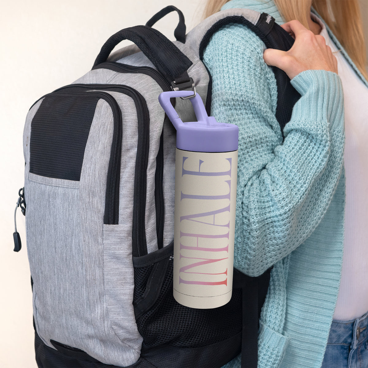 Inhale Exhale Snap-Hook Water Bottle with Straw